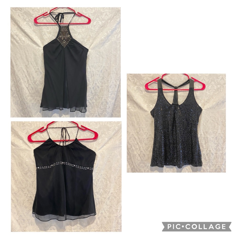 Lot/Bundle Three XS Halter Club Silk Tops Bling Sequins Dance Tank Shimmer Sexy